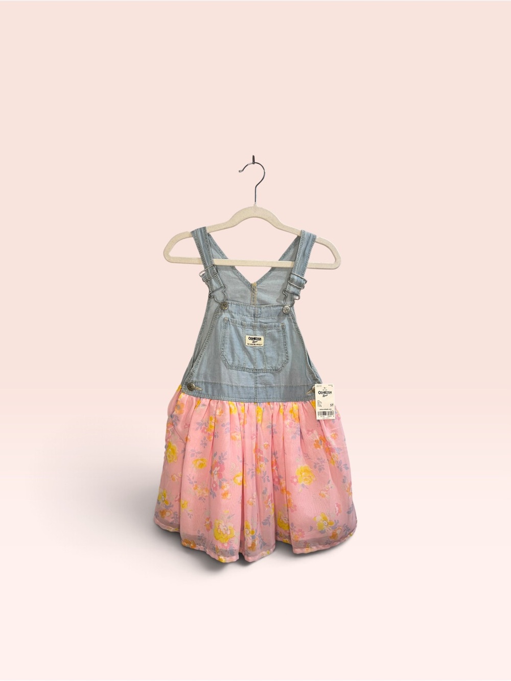 OshKosh B'gosh Denim Bib Overall Dress with Pink Floral Skirt